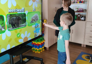 Adaś odpowiada na pytania przy tablicy interaktywnej