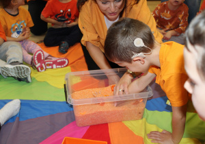 Dzień pomarańczowy - na zdjęciu Michał poszukuje skarbów w pomarańczowym ryżu