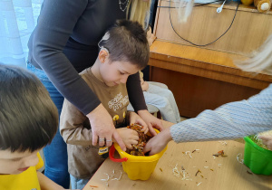 Ksawery szuka misia w wiaderku z kaszą, a Michał w wiaderku z wełną.